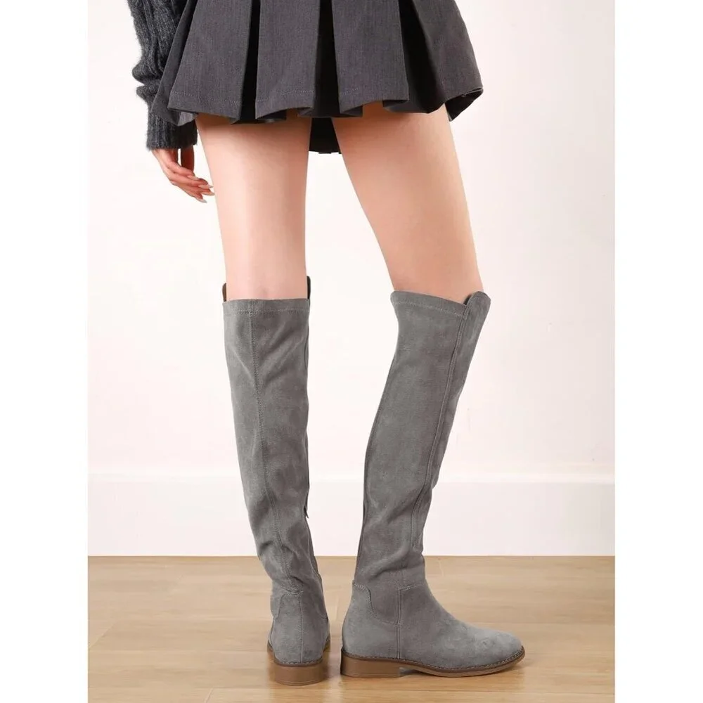 Women Grey Suede Thigh High Over The Knee Flat Low Heel Long Round Toe Boots